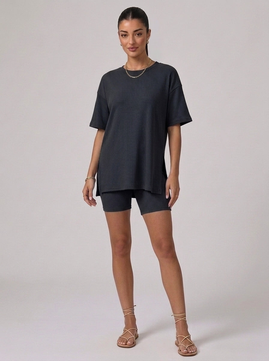 Nova Oversized Crewneck & Biker Shorts Set in Black - Front View | AMARI Sydney