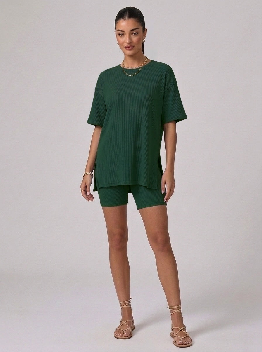 Nova Oversized Crewneck & Biker Shorts Set in Dark Green - Front View | AMARI Sydney