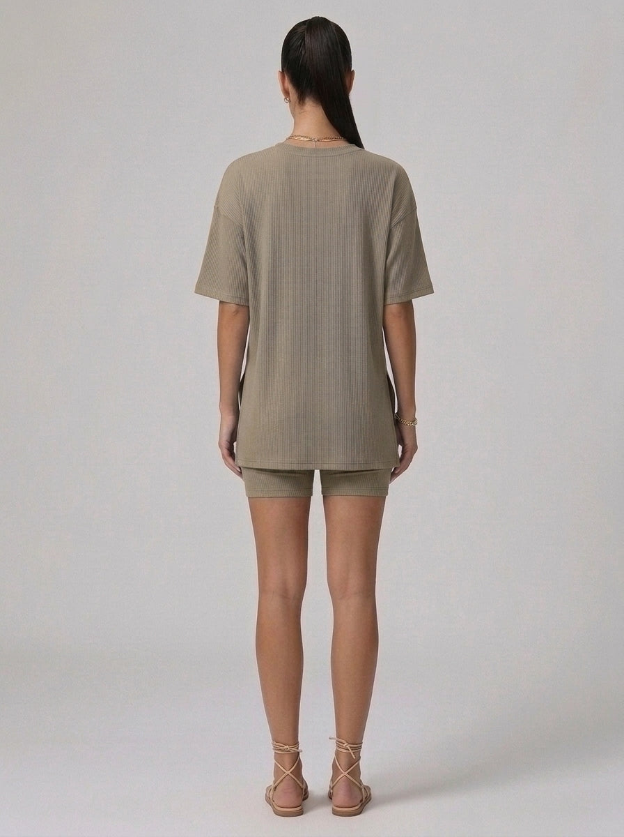 Nova Oversized Crewneck & Biker Shorts Set in Khaki - Back View | AMARI Sydney