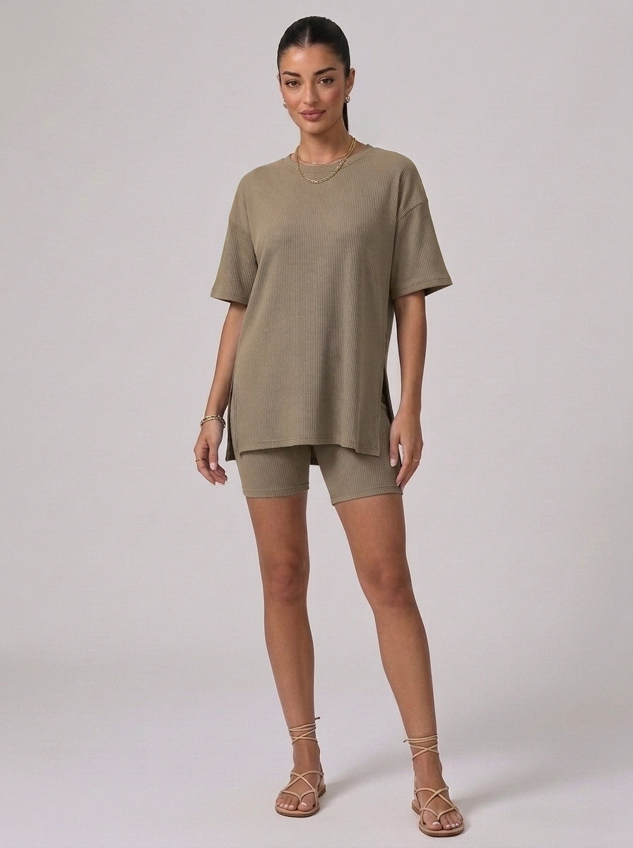 Nova Oversized Crewneck & Biker Shorts Set in Khaki - Front View | AMARI Sydney