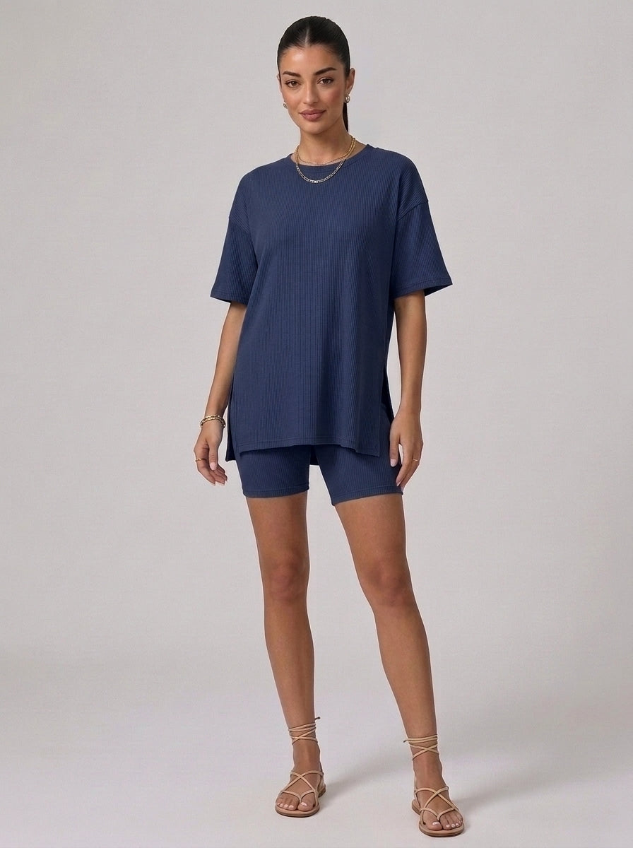 Nova Oversized Crewneck & Biker Shorts Set in Navy Blue - Front View | AMARI Sydney