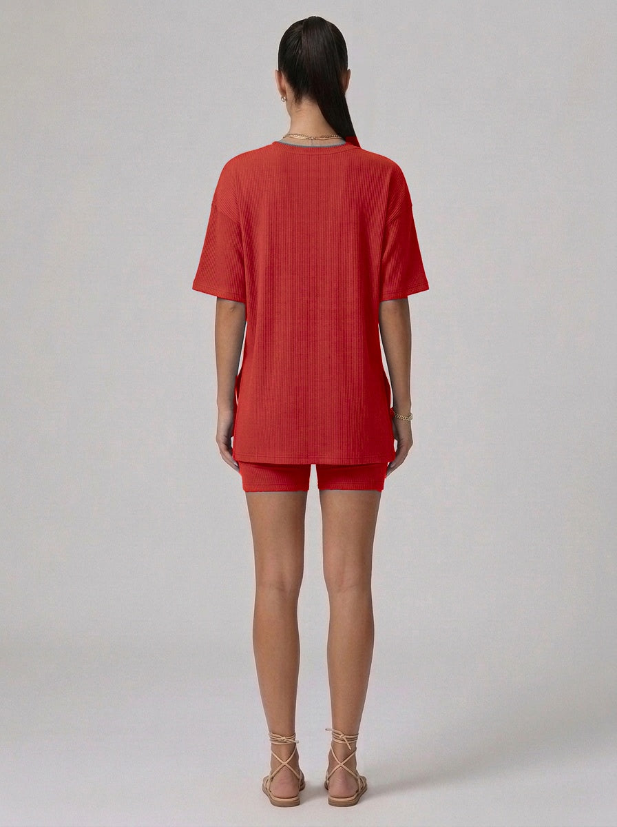 Nova Oversized Crewneck & Biker Shorts Set in Red - Back View | AMARI Sydney