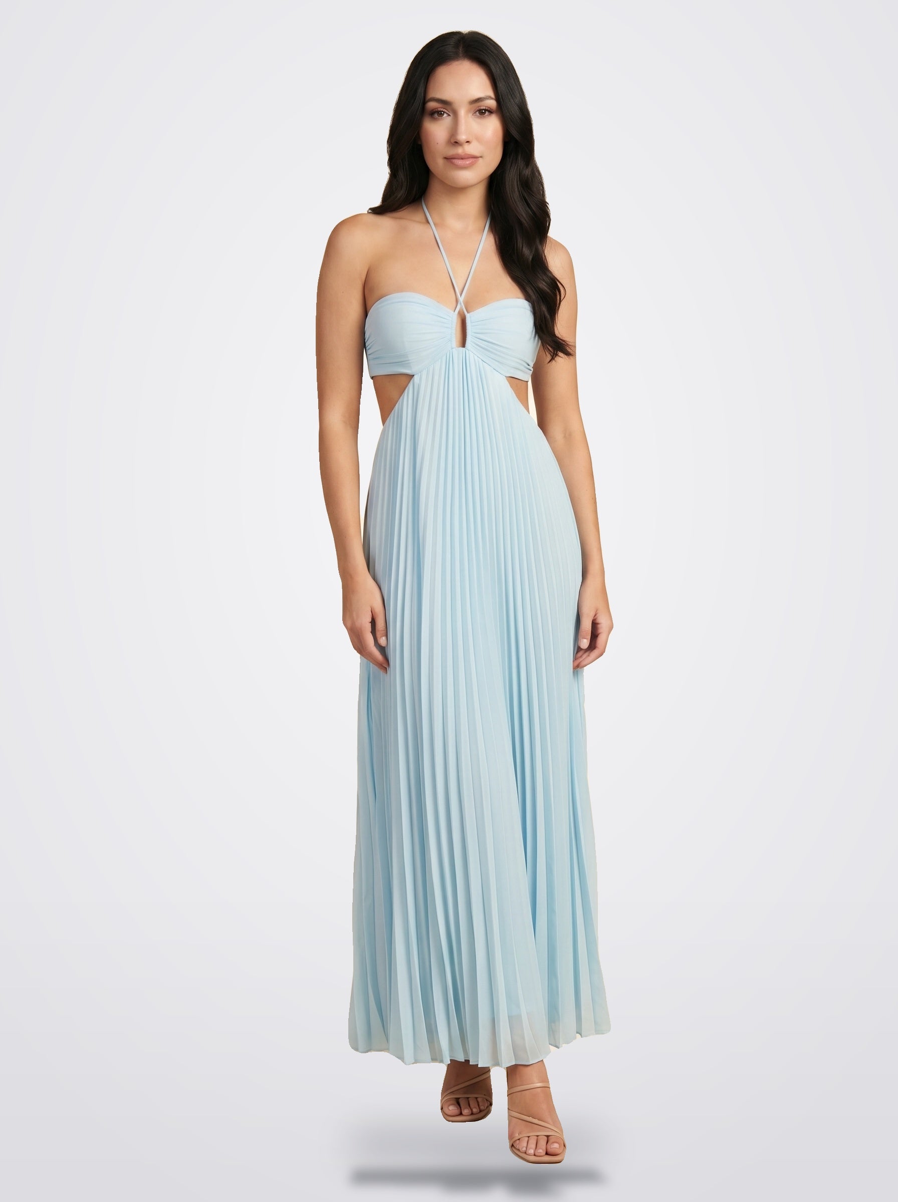 The Sienna Pleated Maxi Dress in Sky Mist - Front View | Amari Sydney