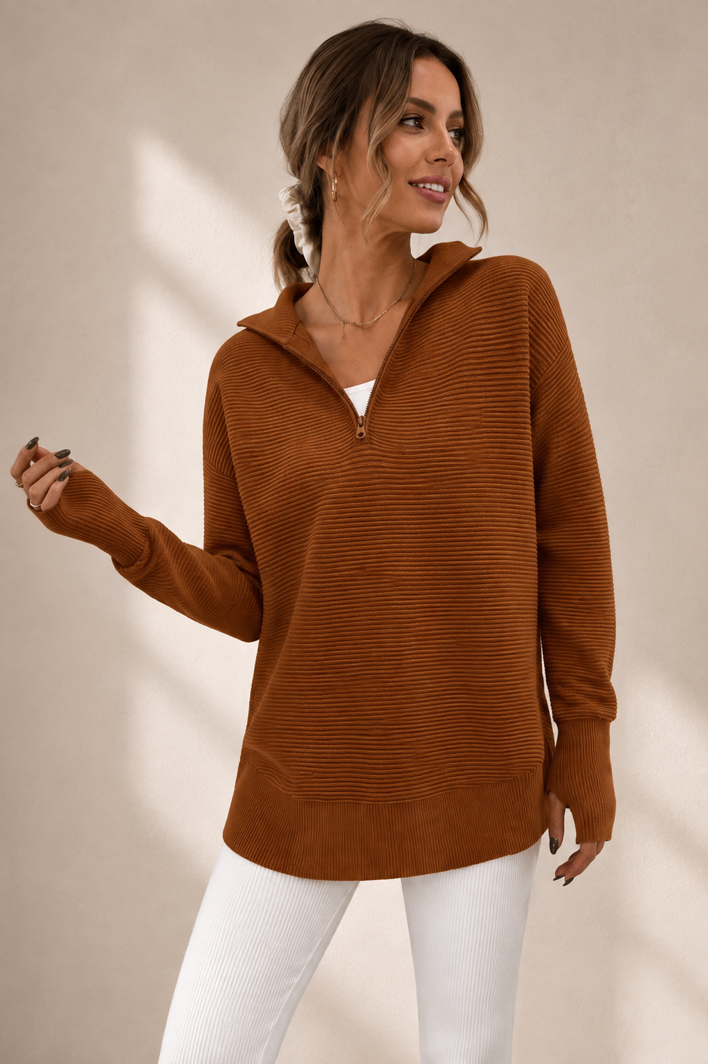 zipper Long Sleeve Knit Sweater