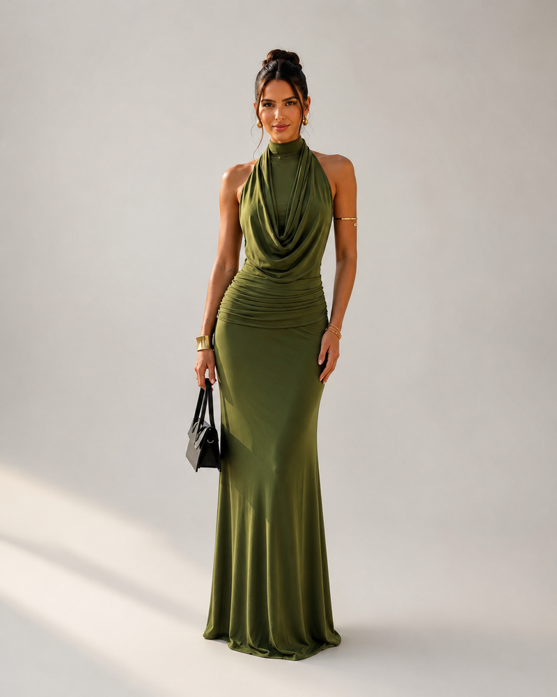 SERAPHINA DRAPED HALTER MAXI DRESS