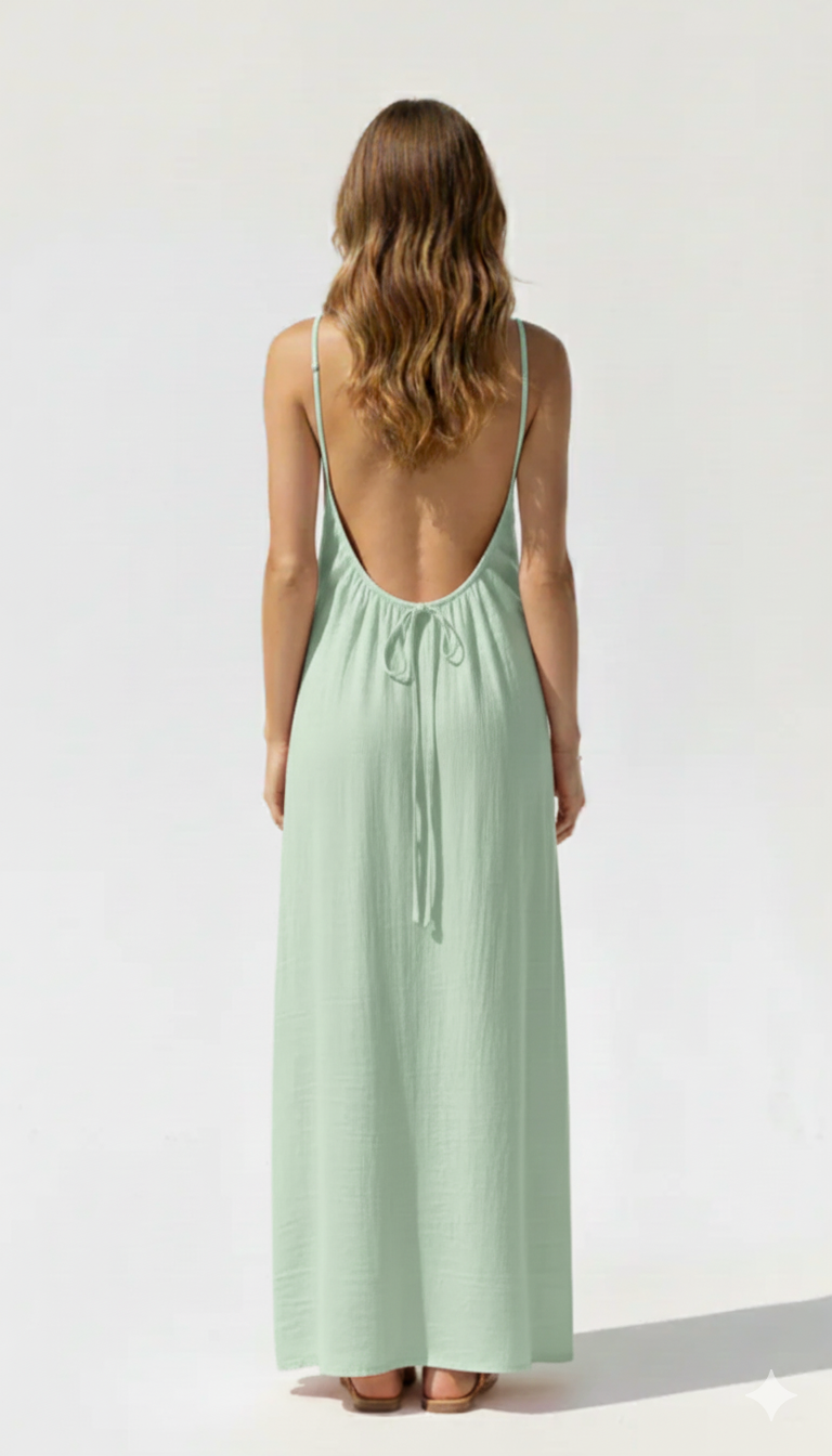 Essential Open-Back Slip Dress in Green - Angle View | AMARI Sydney