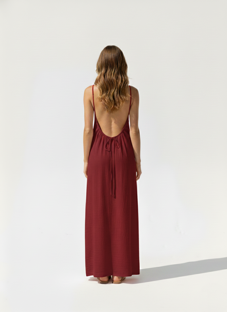 Essential Open-Back Slip Dress in Wine Red - Angle View | AMARI Sydney