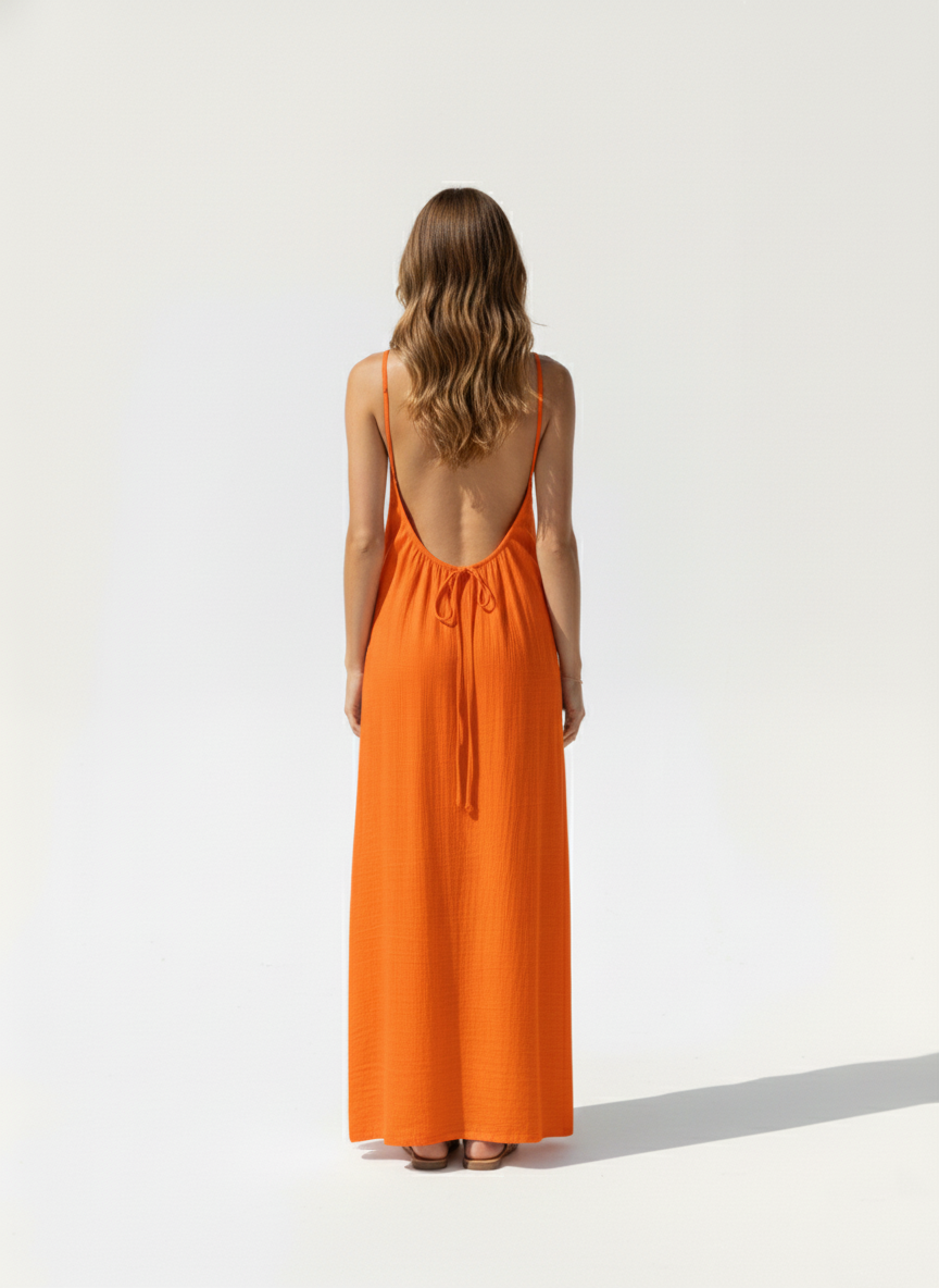Essential Open-Back Slip Dress in Orange - Angle View | AMARI Sydney