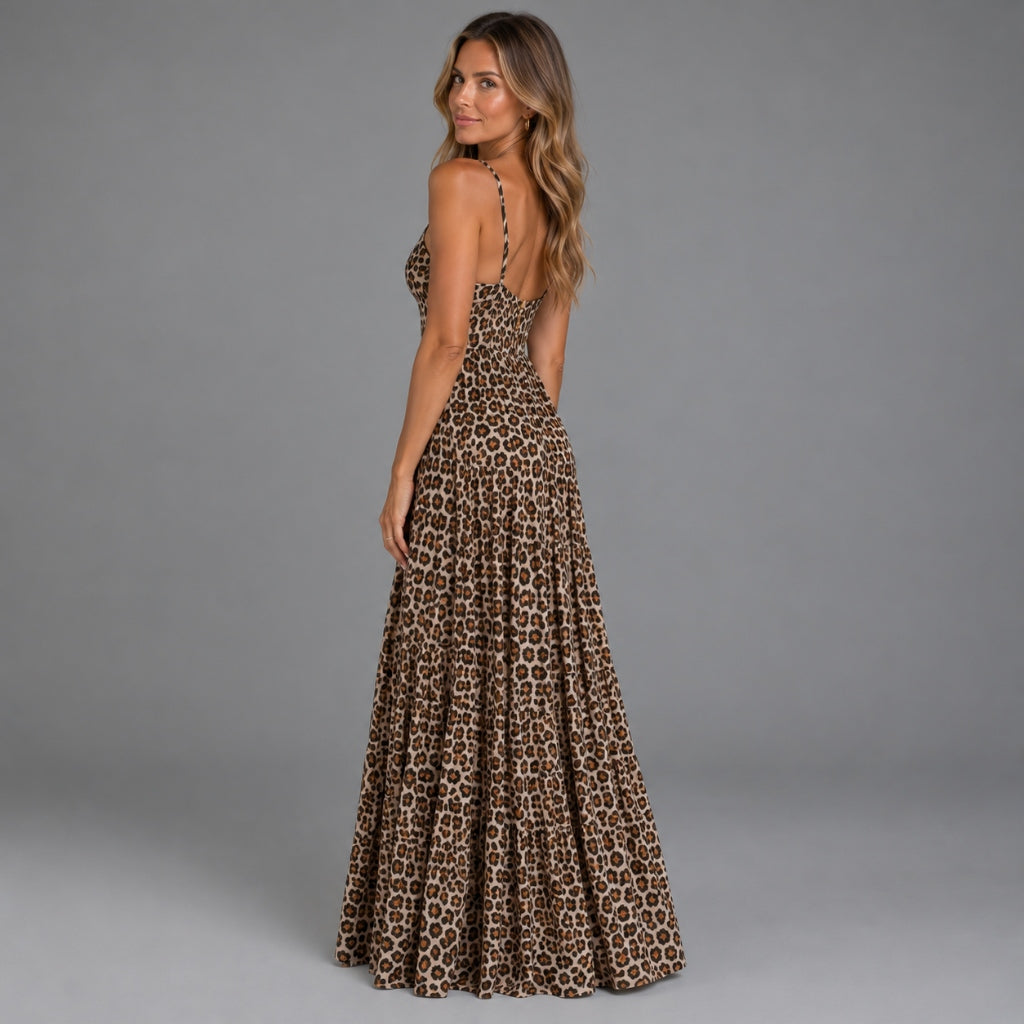 AMARI Riviera Leopard Pleated Maxi Dress - Studio Back View | AMARI Sydney