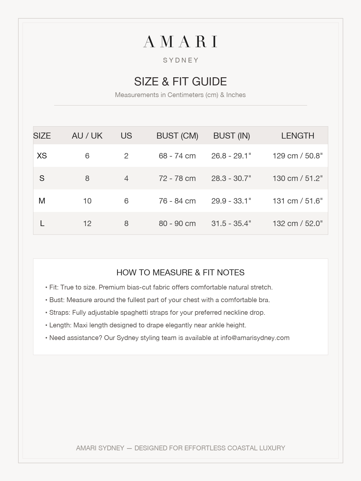 AMARI Sydney - Official Size & Fit Guide