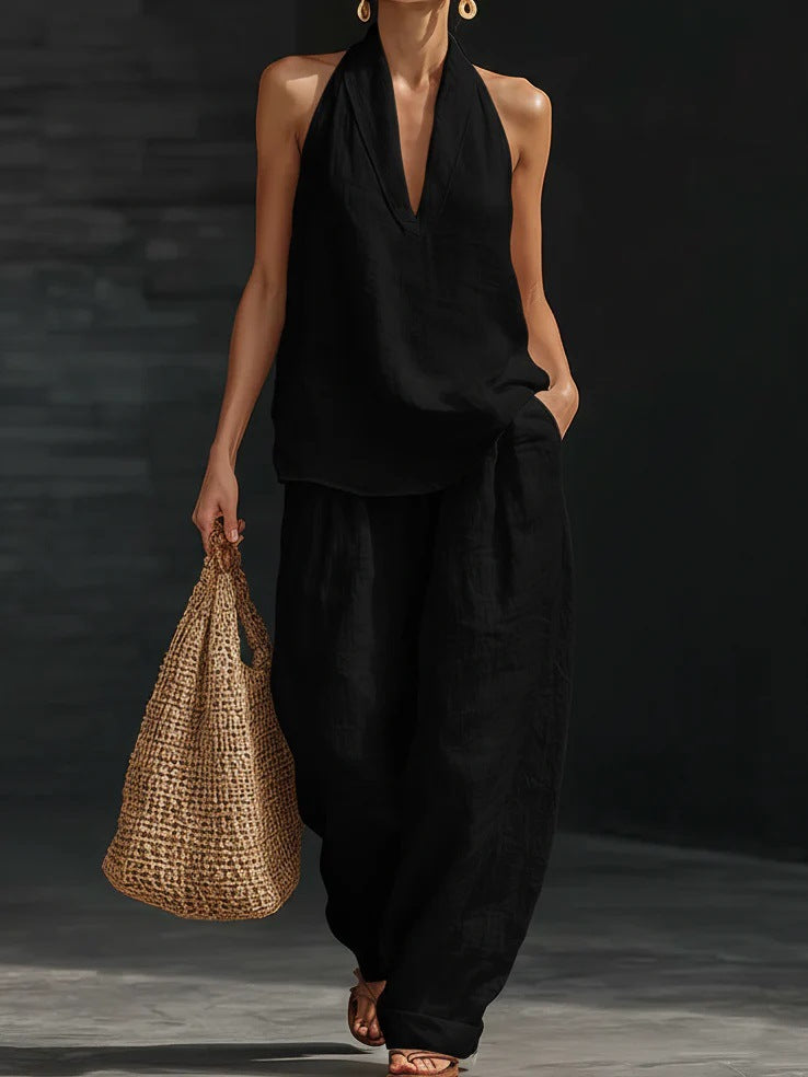 Boho Halter Neck Two Piece Set - Black