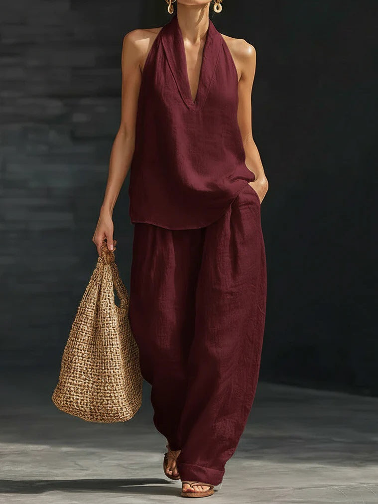 Boho Halter Neck Two Piece Set - Burgundy