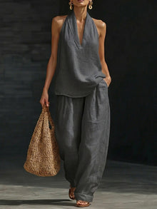 Boho Halter Neck Two Piece Set - Dark Grey