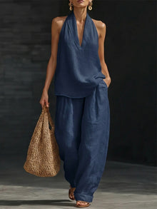 Boho Halter Neck Two Piece Set - Deep Blue