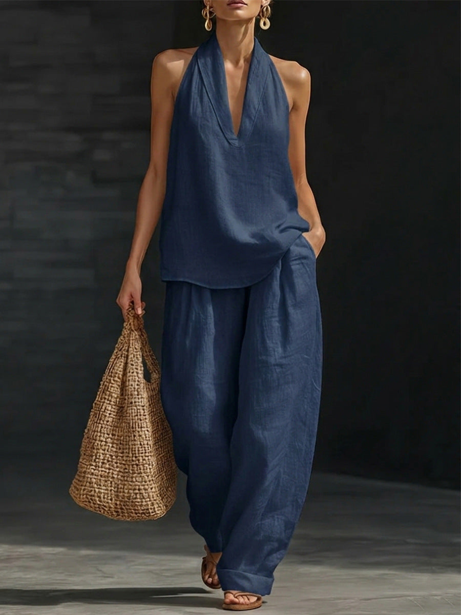 Boho Halter Neck Two Piece Set - Deep Blue