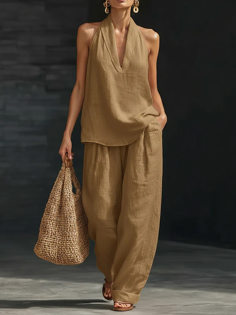 Boho Halter Neck Two Piece Set - Khaki