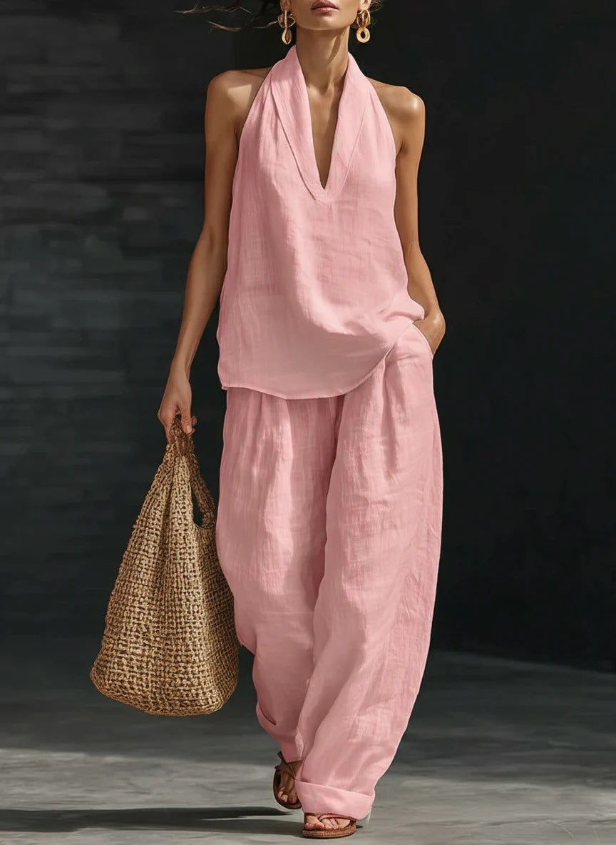 Boho Halter Neck Two Piece Set - Pink