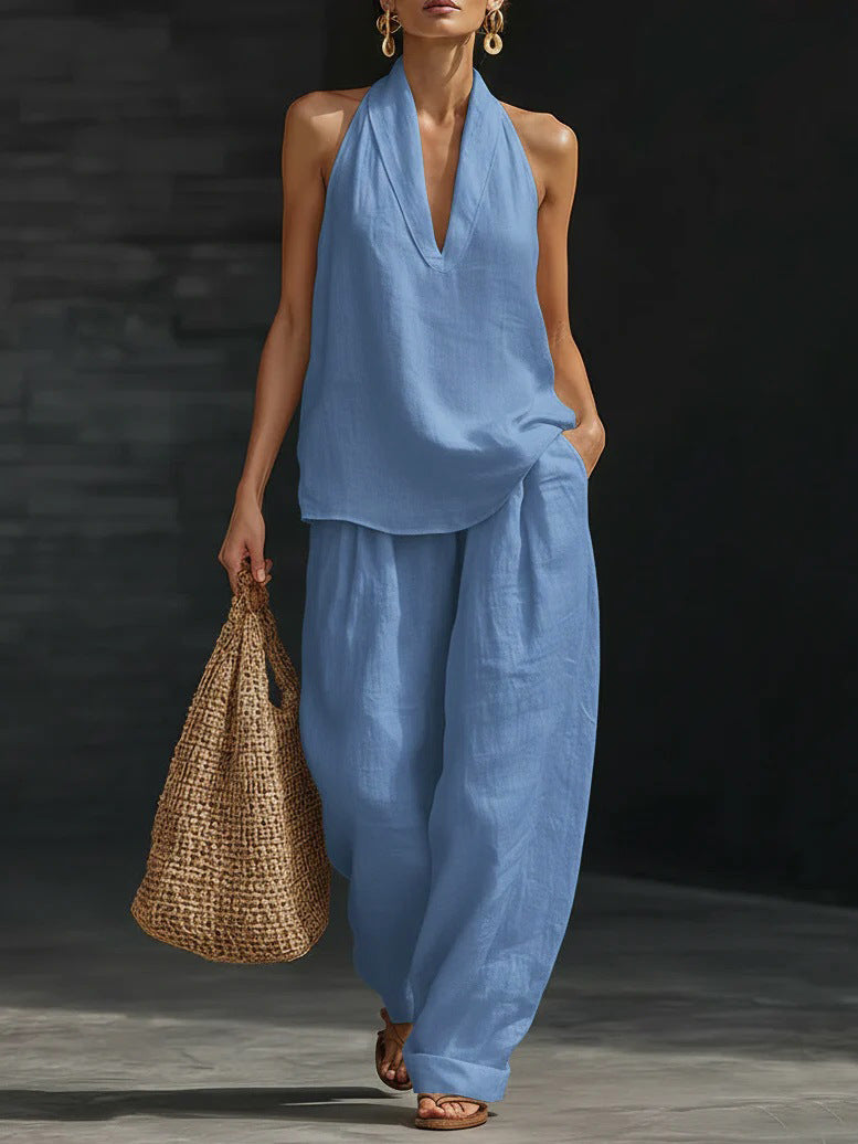 Boho Halter Neck Two Piece Set - Sky Blue