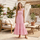 Bohemian Gingham Smocked Maxi Dress - Pink Front