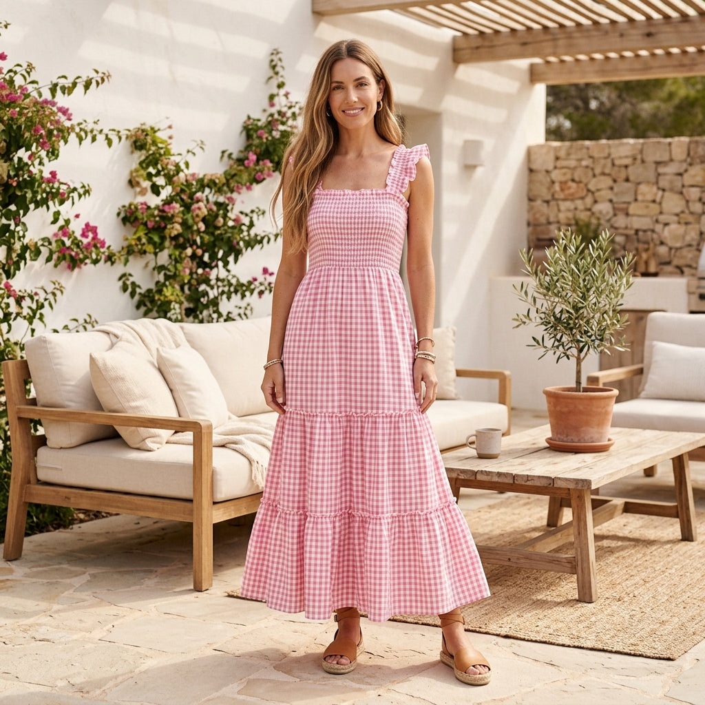 Bohemian Gingham Smocked Maxi Dress - Pink Front