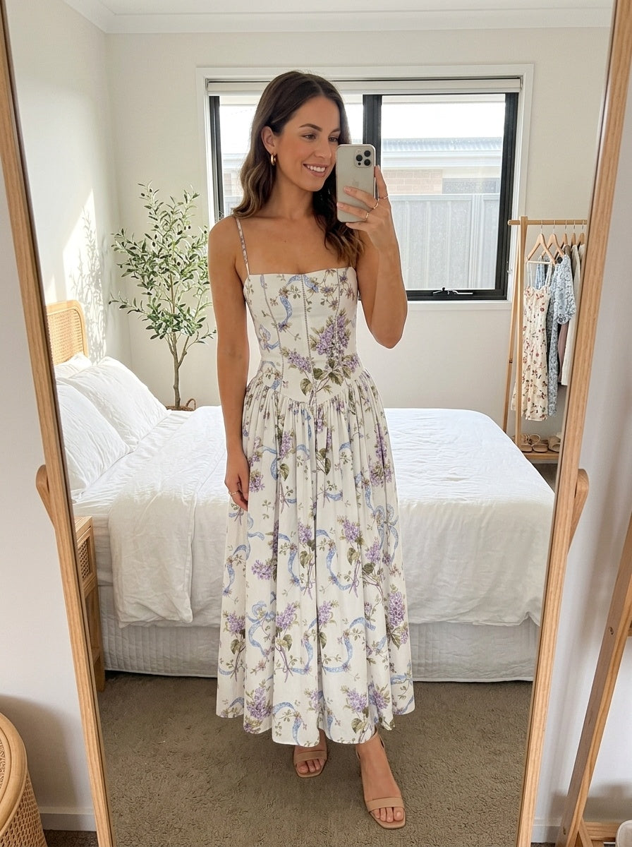 The Florence Floral Corset Maxi Dress Customer Mirror Selfie Review Amari Sydney