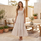 Bohemian Gingham Smocked Maxi Dress - Beige Front