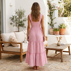 Bohemian Gingham Smocked Maxi Dress - Pink Back