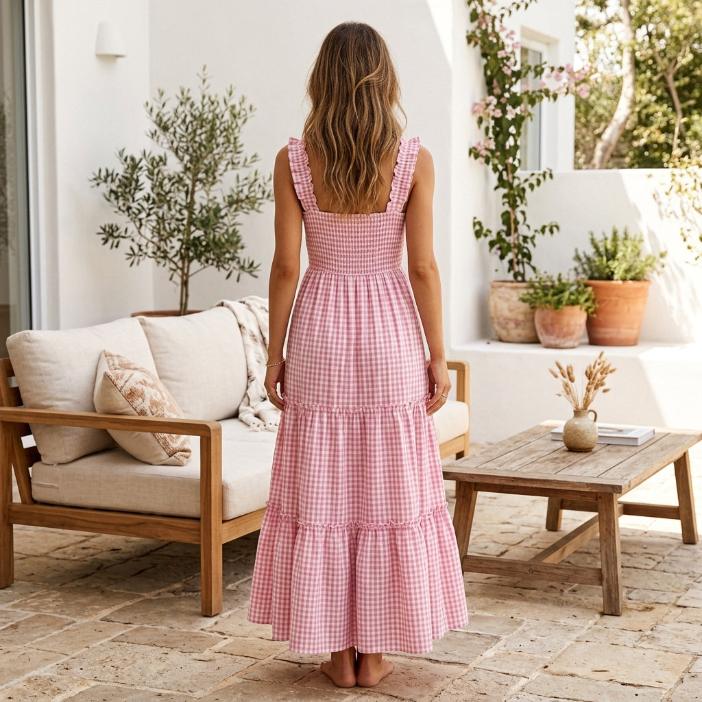 Bohemian Gingham Smocked Maxi Dress - Pink Back