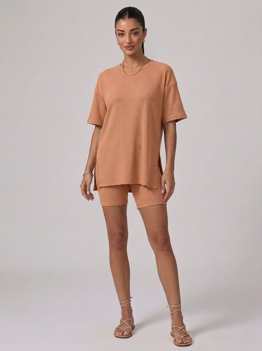 Nova Oversized Crewneck & Biker Shorts Set in Apricot - Front View | AMARI Sydney