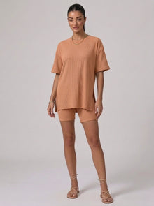 Nova Oversized Crewneck & Biker Shorts Set in Apricot - Front View | AMARI Sydney