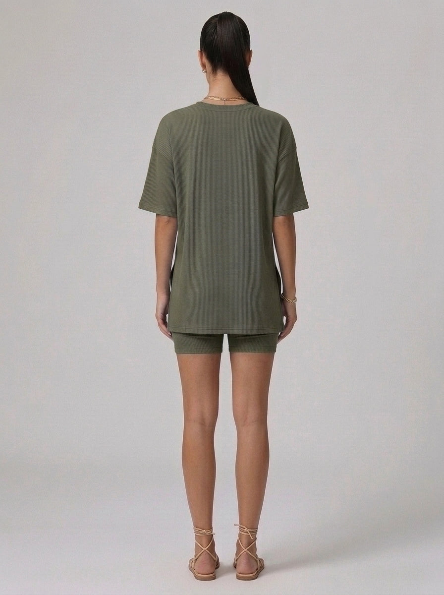 Nova Oversized Crewneck & Biker Shorts Set in Army Green - Back View | AMARI Sydney