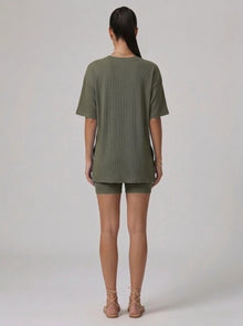 Nova Oversized Crewneck & Biker Shorts Set in Army Green - Back View | AMARI Sydney