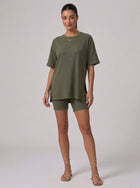 Nova Oversized Crewneck & Biker Shorts Set in Army Green - Front View | AMARI Sydney