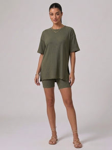 Nova Oversized Crewneck & Biker Shorts Set in Army Green - Front View | AMARI Sydney