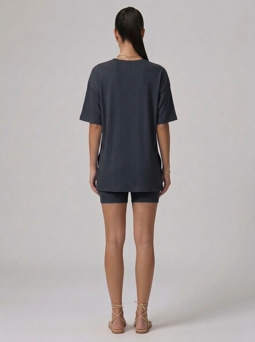 Nova Oversized Crewneck & Biker Shorts Set in Black - Back View | AMARI Sydney