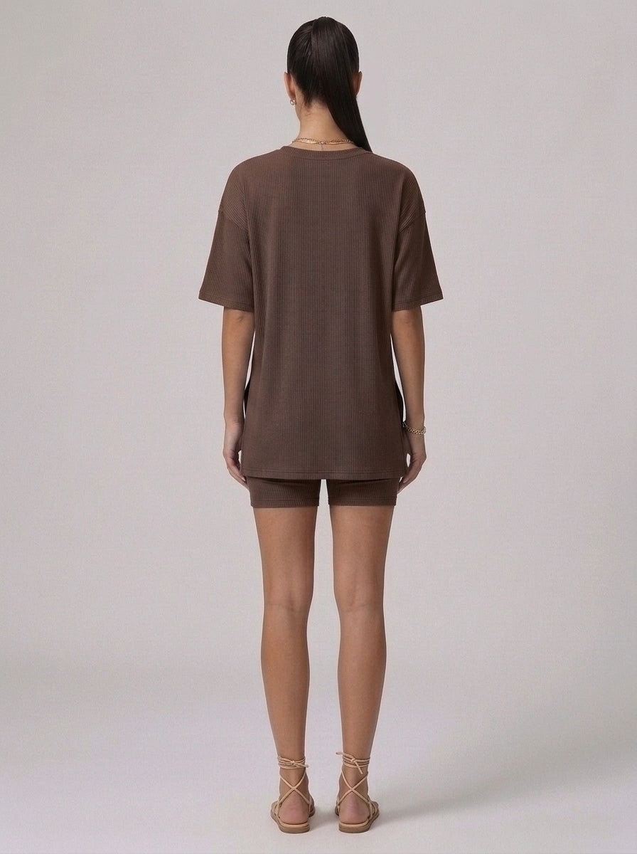 Nova Oversized Crewneck & Biker Shorts Set in Brown - Back View | AMARI Sydney
