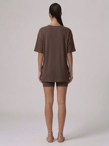 Nova Oversized Crewneck & Biker Shorts Set in Brown - Back View | AMARI Sydney