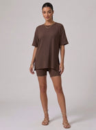 Nova Oversized Crewneck & Biker Shorts Set in Brown - Front View | AMARI Sydney