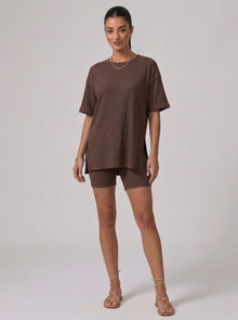 Nova Oversized Crewneck & Biker Shorts Set in Brown - Front View | AMARI Sydney