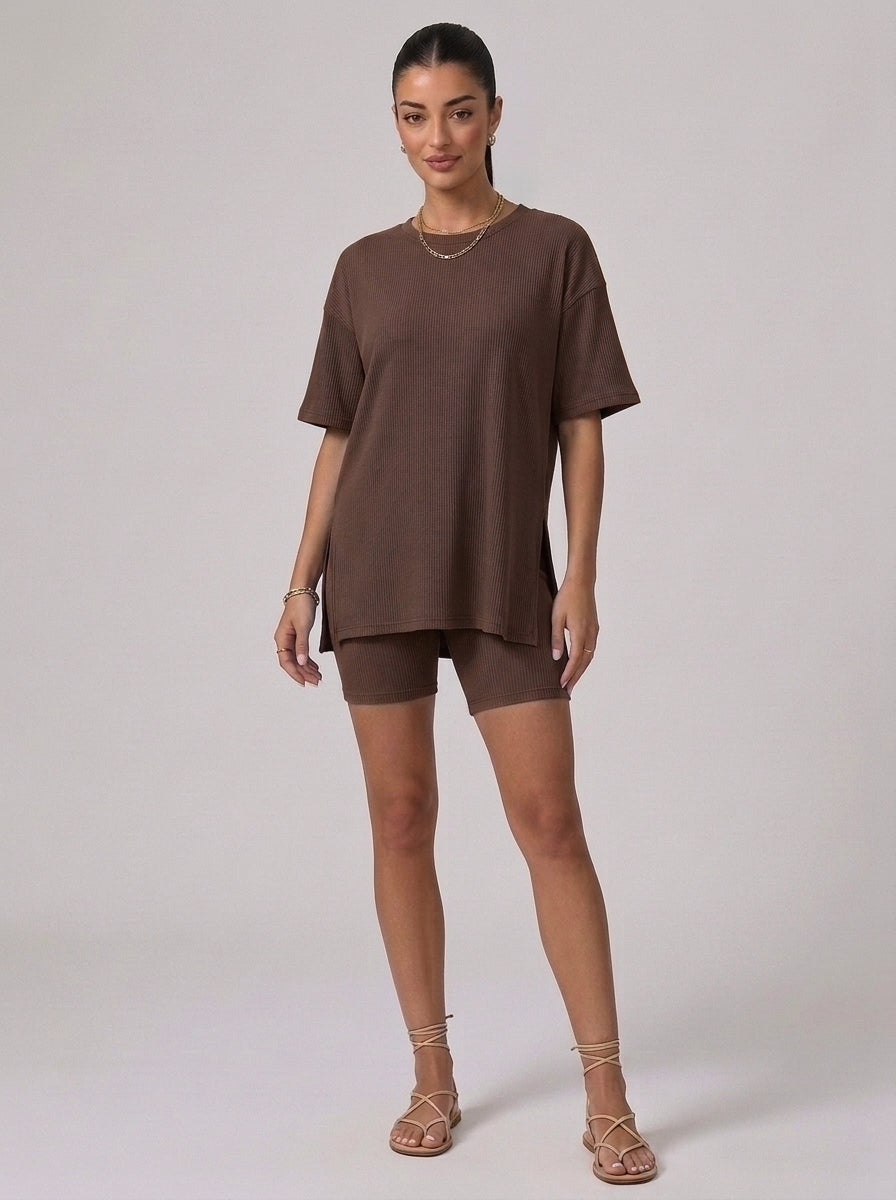 Nova Oversized Crewneck & Biker Shorts Set in Brown - Front View | AMARI Sydney