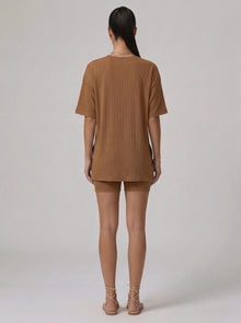 Nova Oversized Crewneck & Biker Shorts Set in Caramel - Back View | AMARI Sydney