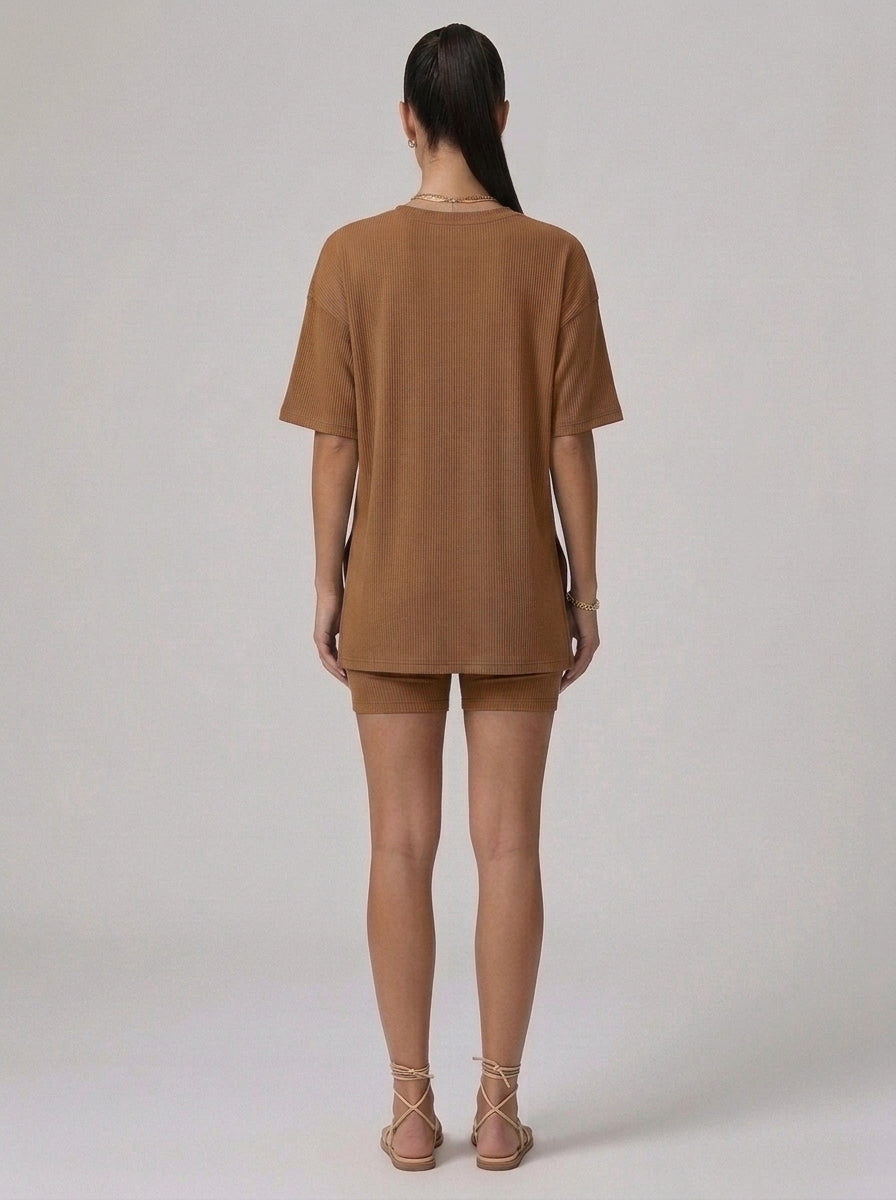 Nova Oversized Crewneck & Biker Shorts Set in Caramel - Back View | AMARI Sydney