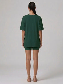 Nova Oversized Crewneck & Biker Shorts Set in Dark Green - Back View | AMARI Sydney