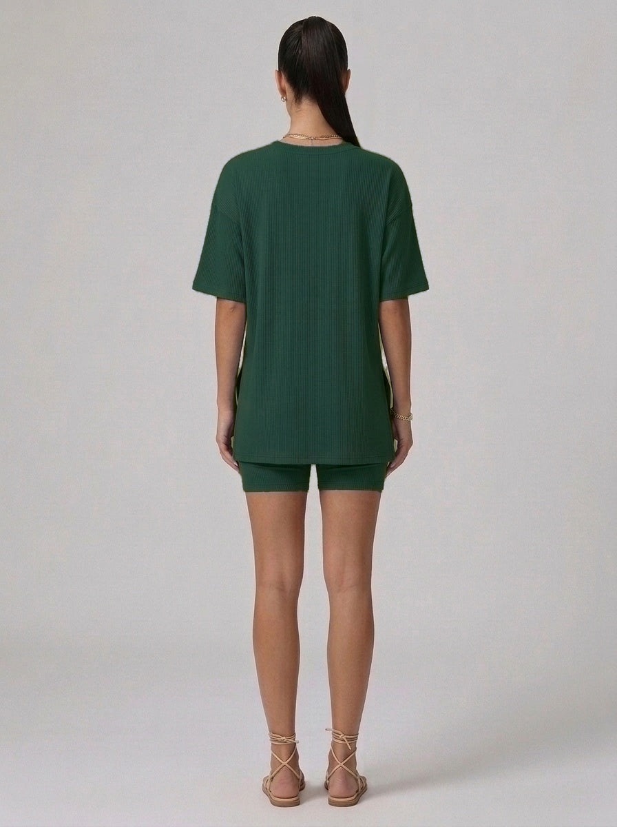 Nova Oversized Crewneck & Biker Shorts Set in Dark Green - Back View | AMARI Sydney