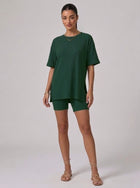Nova Oversized Crewneck & Biker Shorts Set in Dark Green - Front View | AMARI Sydney