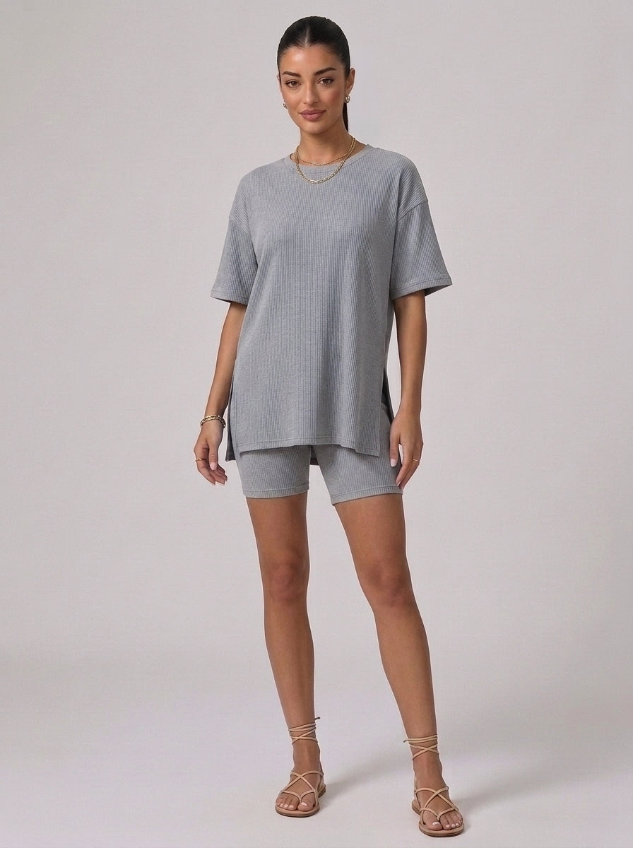 Nova Oversized Crewneck & Biker Shorts Set in Gray - Front View | AMARI Sydney