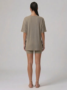 Nova Oversized Crewneck & Biker Shorts Set in Khaki - Back View | AMARI Sydney