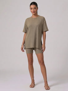 Nova Oversized Crewneck & Biker Shorts Set in Khaki - Front View | AMARI Sydney