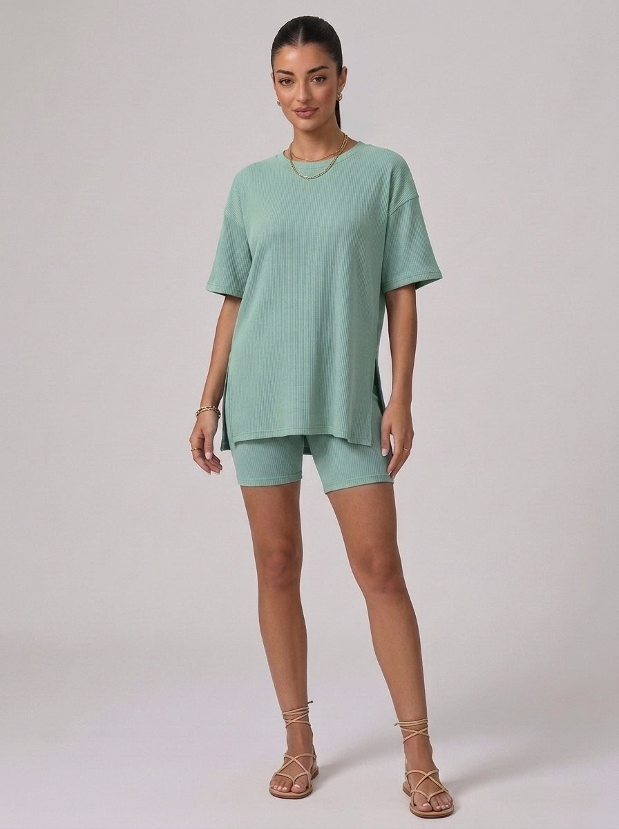 Nova Oversized Crewneck & Biker Shorts Set in Mint Green - Front View | AMARI Sydney