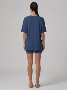Nova Oversized Crewneck & Biker Shorts Set in Navy Blue - Back View | AMARI Sydney